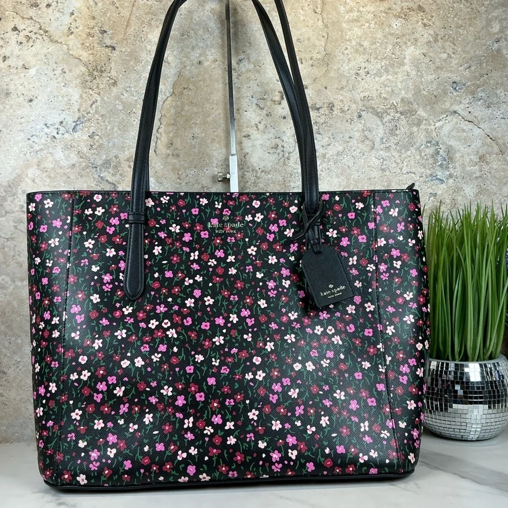 Kate Spade Schuyler Saffiano Floral Black Pink Tote Shoulder‎ Large Bag